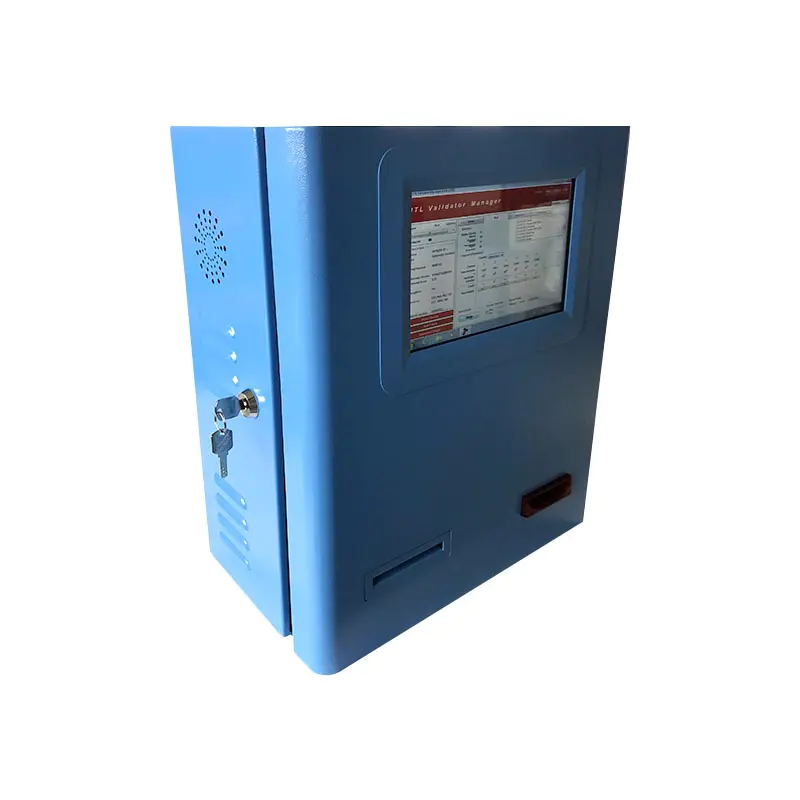 Wall mounted payment kiosk with blue powder coated in bank