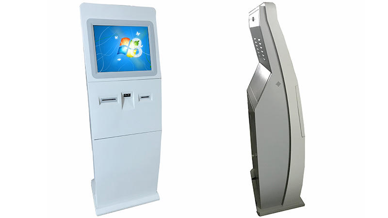 Floor standing touch screen information kiosk with bar code reader