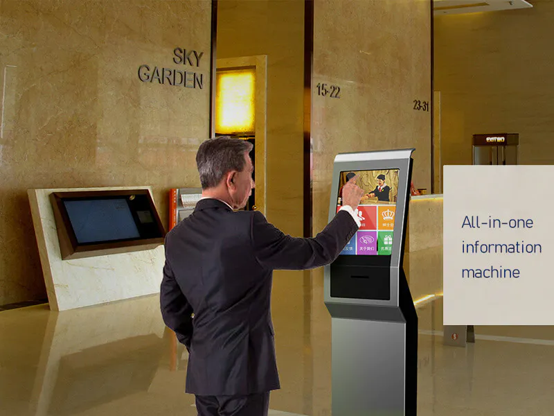 floor standing interactive information kiosk receipt in airport