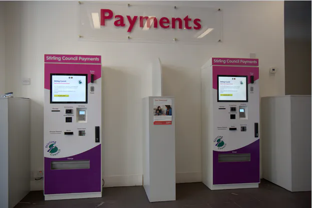self service kiosk payment terminal keyboard in bank