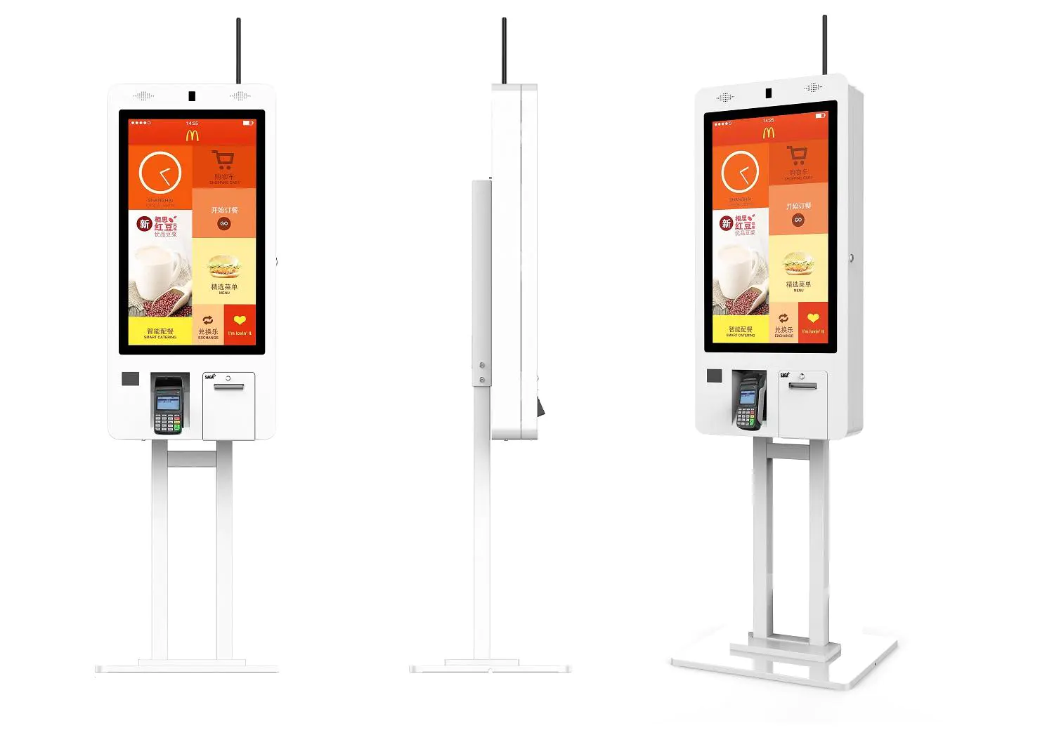 Mcdonald self ordering kiosk, with touch screen, printer, QR code scanner, speaker, pos terminal